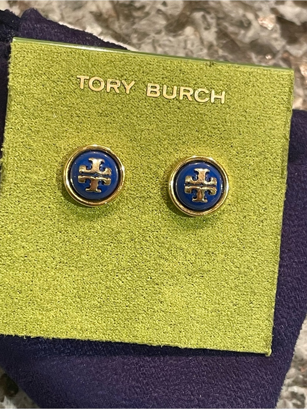 TORY BURCH~Blue Enamel Stacked T Gold Logo Earrings